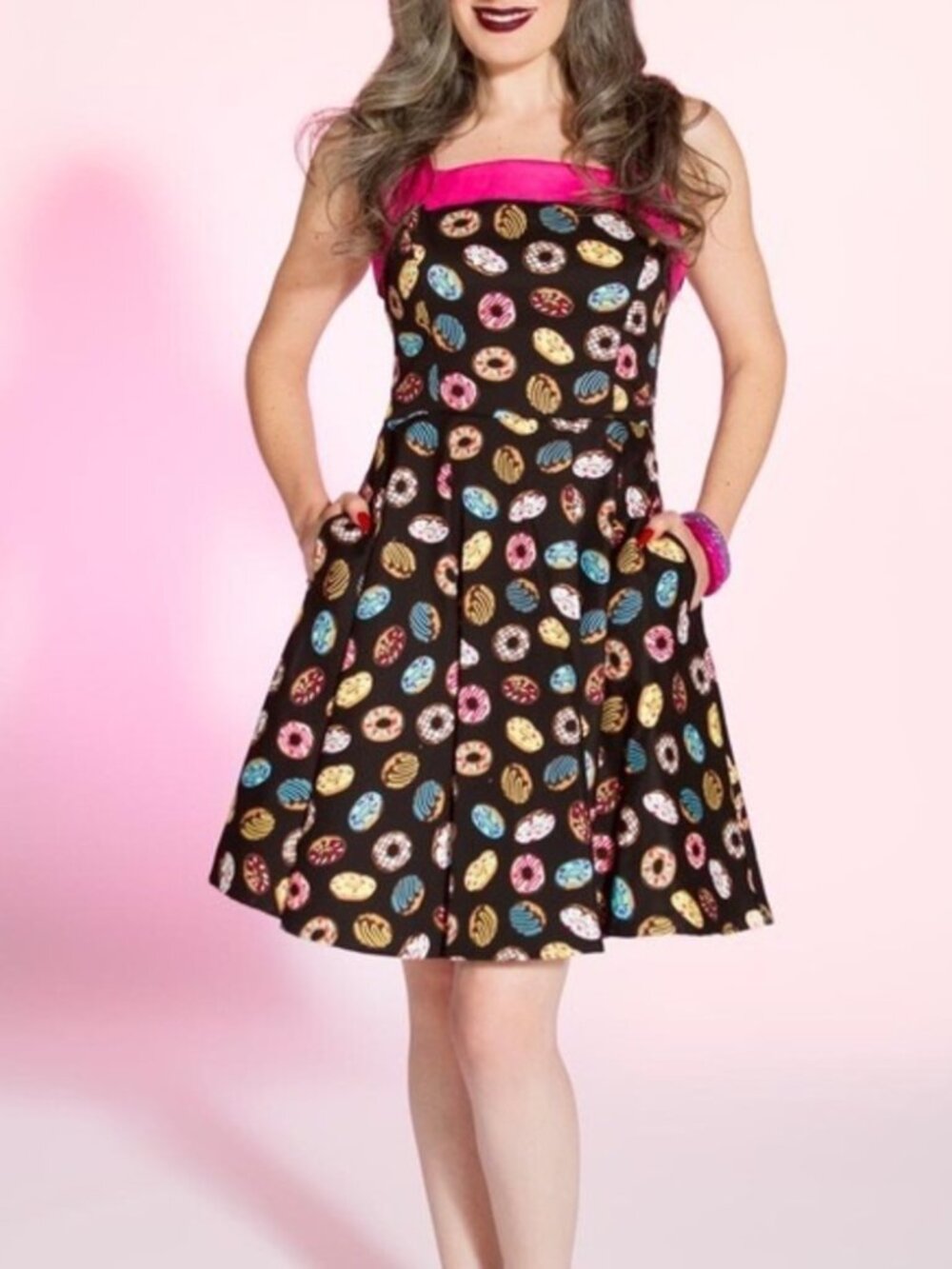 Golightly Pinup Couture Netti Dress Donut Print on Black with Pink Trim XL